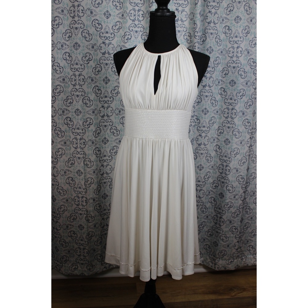 David's Bridal Size 10 Ivory‎ Beaded Halter Formal Dress Beaded